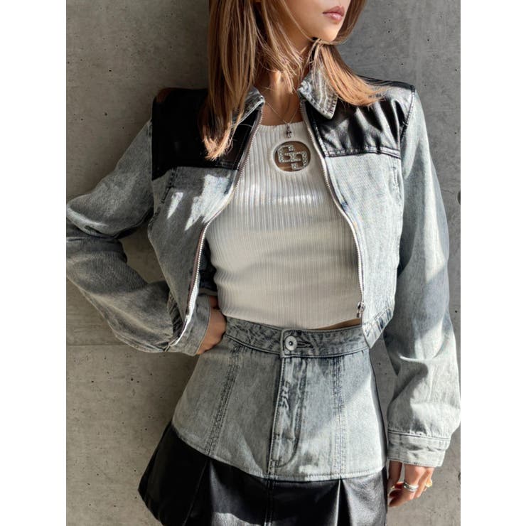 【TINY】フェイクレザードッキングデニムZIPショートジャケット | GYDA | 詳細画像2 