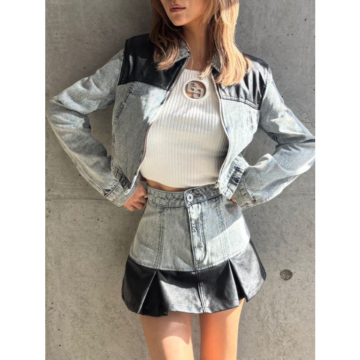 【TINY】フェイクレザードッキングデニムZIPショートジャケット | GYDA | 詳細画像4 