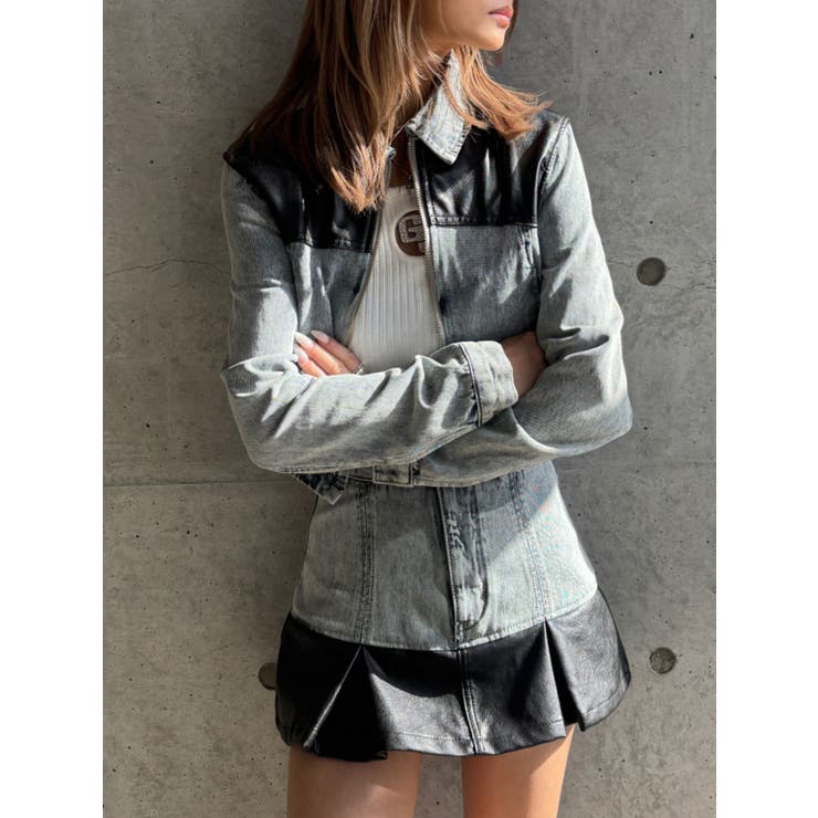 【TINY】フェイクレザードッキングデニムZIPショートジャケット | GYDA | 詳細画像5 