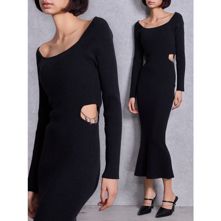 ブラック | GYDA chain SIDE OPENロングフレアニットワンピース | GYDA