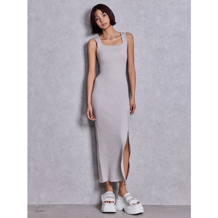 バックオープンジップスリットリブニットロングワンピース | GYDA | 詳細画像2 