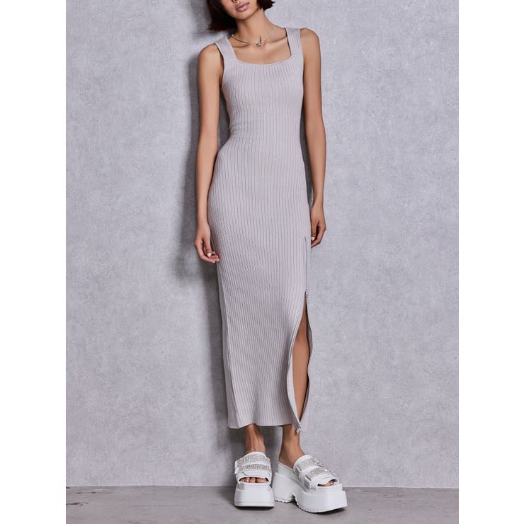 ライトグレー | バックオープンジップスリットリブニットロングワンピース | GYDA