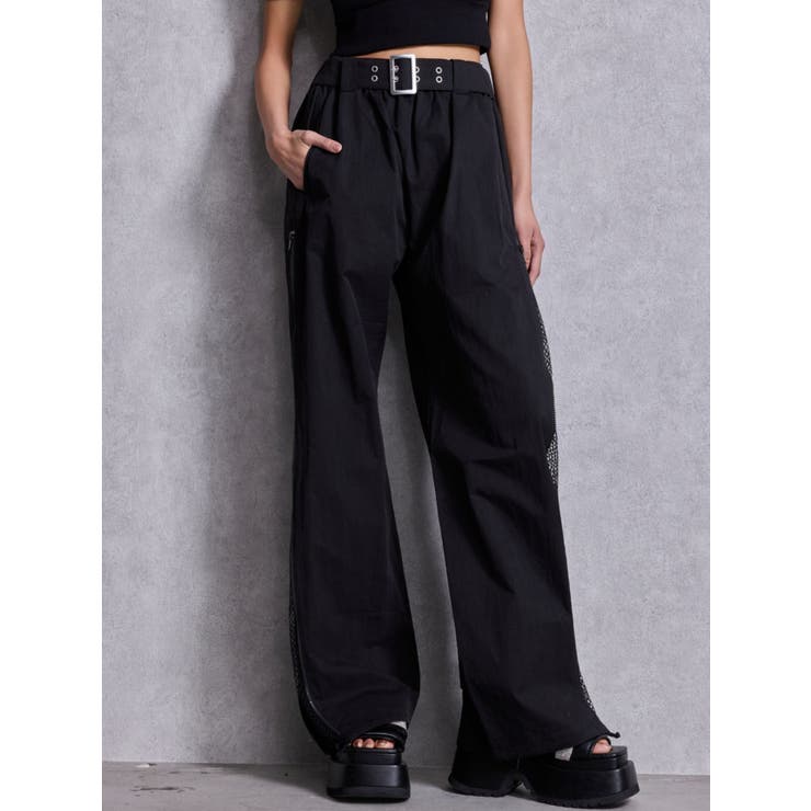 ブラック | SIDE ZIPメッシュスリットパンツ | GYDA