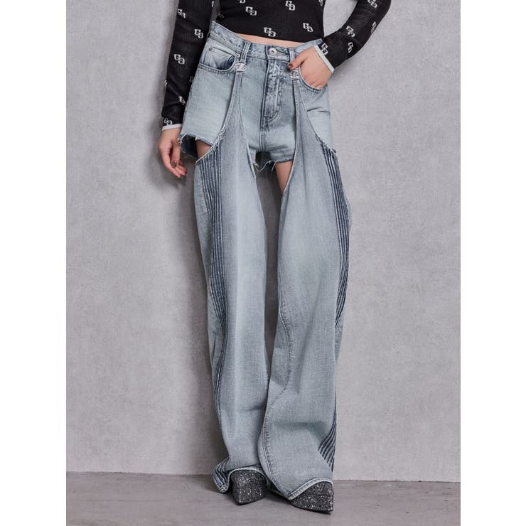 アイスブルー | ハイウエストSymmetry GYDA 2WAYラインプリーツデニムパンツ | GYDA