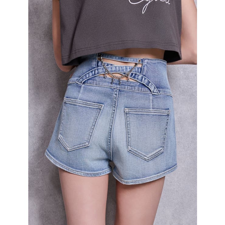 ハイウエストボタンBACKカーブクロスGYDA chainデニムショートパンツ | GYDA | 詳細画像1 