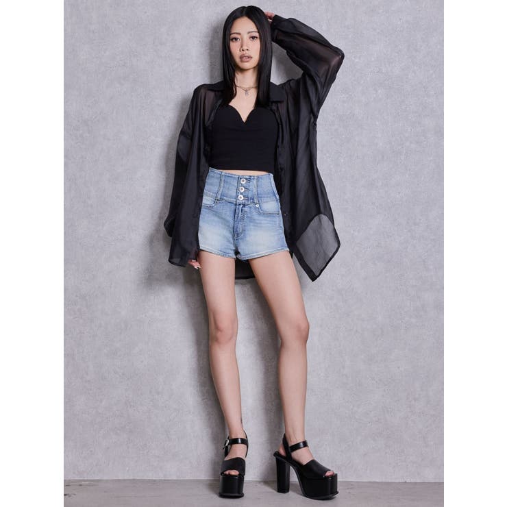 ハイウエストボタンBACKカーブクロスGYDA chainデニムショートパンツ | GYDA | 詳細画像17 