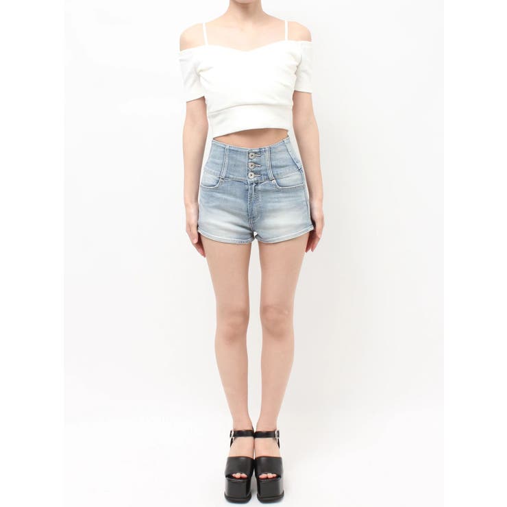 ハイウエストボタンBACKカーブクロスGYDA chainデニムショートパンツ | GYDA | 詳細画像33 