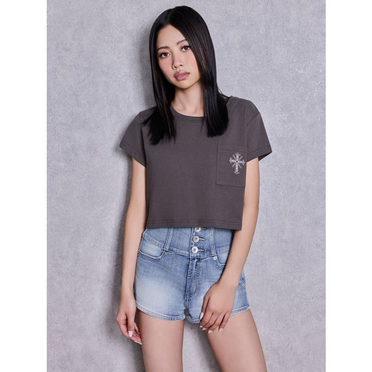 ハイウエストボタンBACKカーブクロスGYDA chainデニムショートパンツ | GYDA | 詳細画像4 