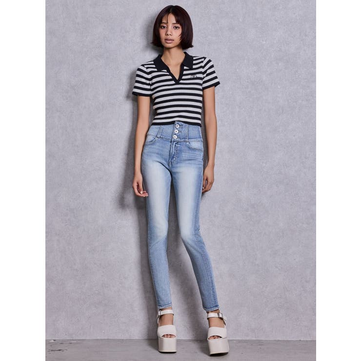 ハイウエストボタンBACKカーブクロスGYDA chainスキニーデニムパンツ | GYDA | 詳細画像3 