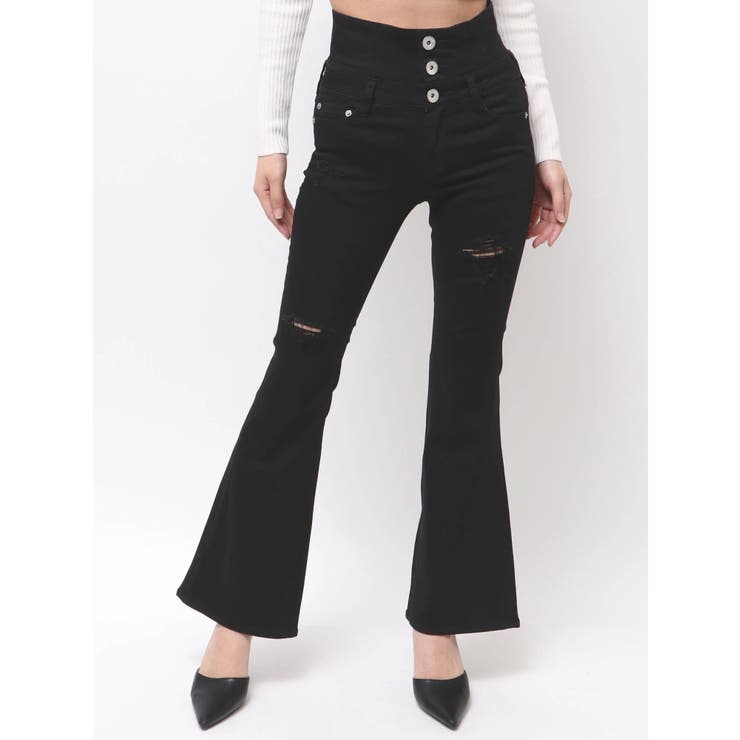 ブラック | ハイウエストBACKクロスダメージフレアデニムパンツ | GYDA