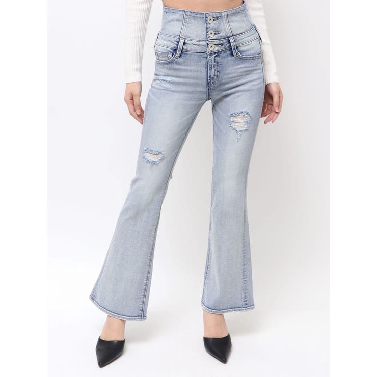 アイスブルー | ハイウエストBACKクロスダメージフレアデニムパンツ | GYDA