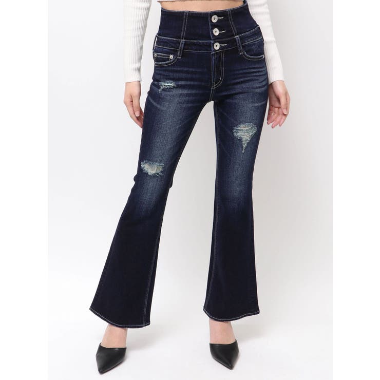 インディゴ | ハイウエストBACKクロスダメージフレアデニムパンツ | GYDA