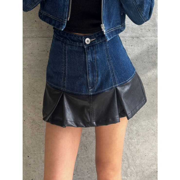 インディゴ | 【TINY】フェイクレザードッキングデニムスカートライクショートパンツ | GYDA