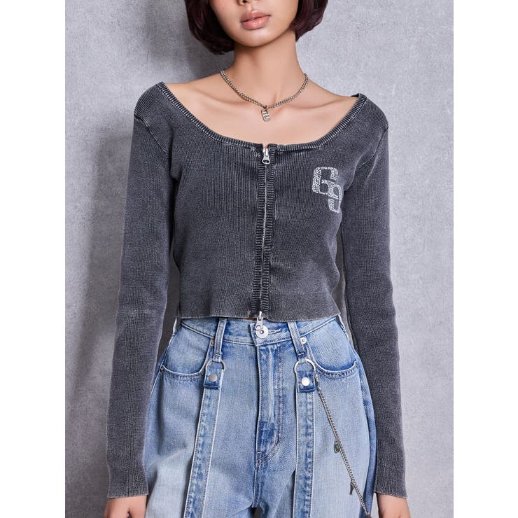 ブラック | GG bijou ZIPブリーチニットショートトップス | GYDA