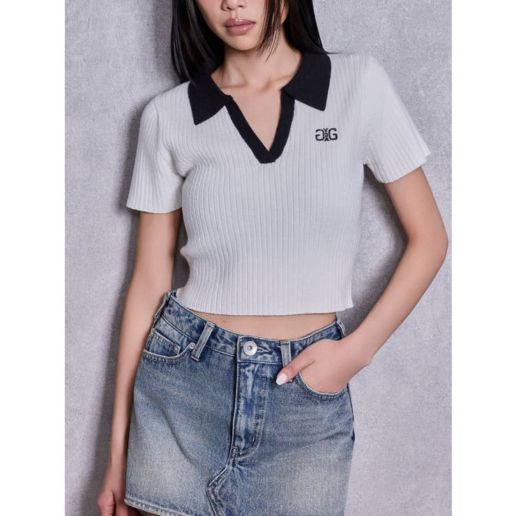 オフホワイト | Symmetry GYDAハーフスリーブPOLOニットトップス | GYDA