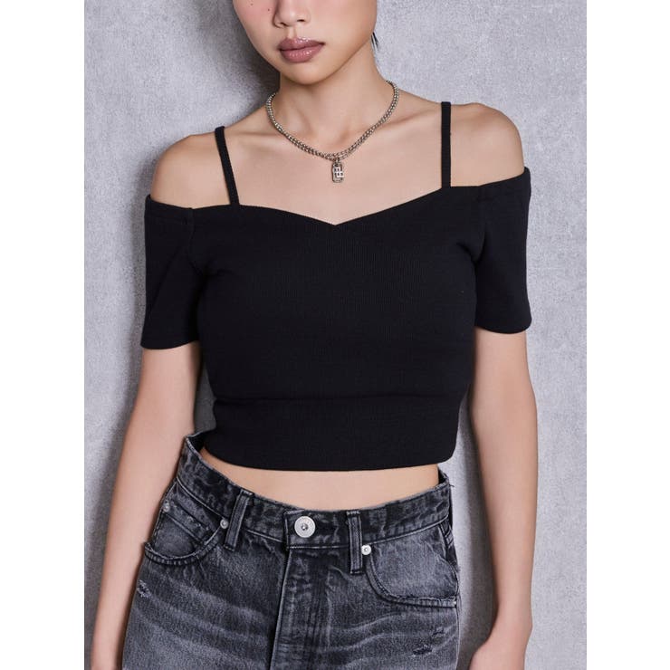 ブラック | ハーフスリーブカシュクールオフショルショートトップス | GYDA