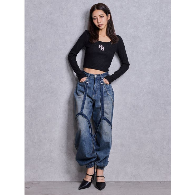 GGロゴラインストーンラメテレコトップス | GYDA | 詳細画像10 