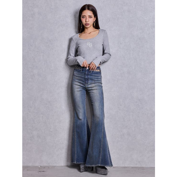 GGロゴラインストーンラメテレコトップス | GYDA | 詳細画像15 