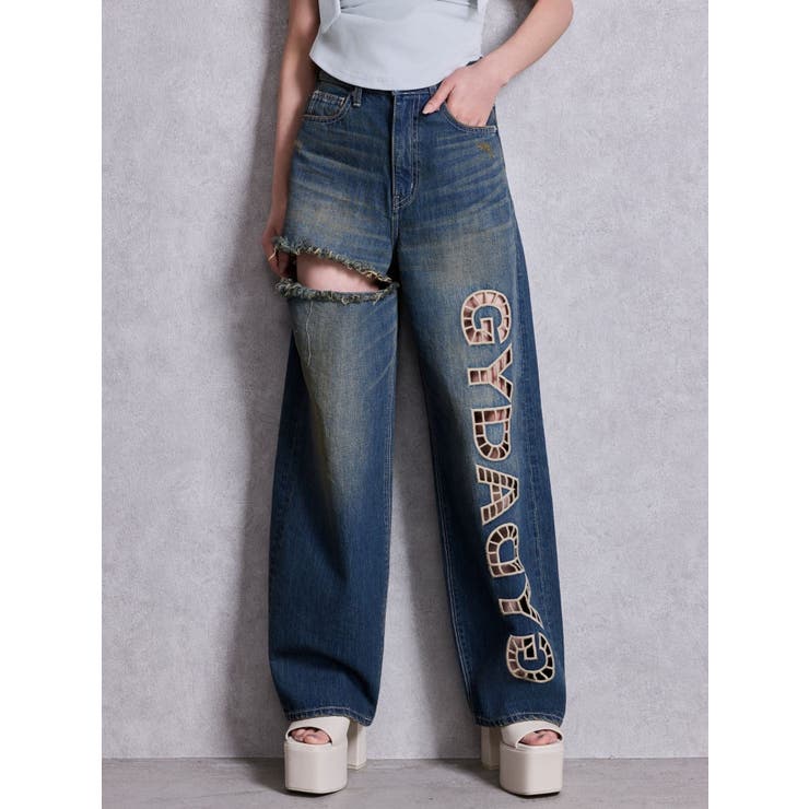 ブルー | ハイウエストGYDA CUT OUT SIDE RIPPEDデニムパンツ | GYDA