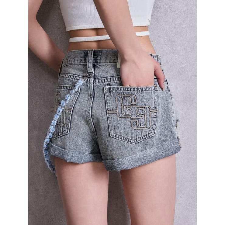 アイスブルー | ジャストウエストGYDA chainダメージデニムショートパンツ | GYDA