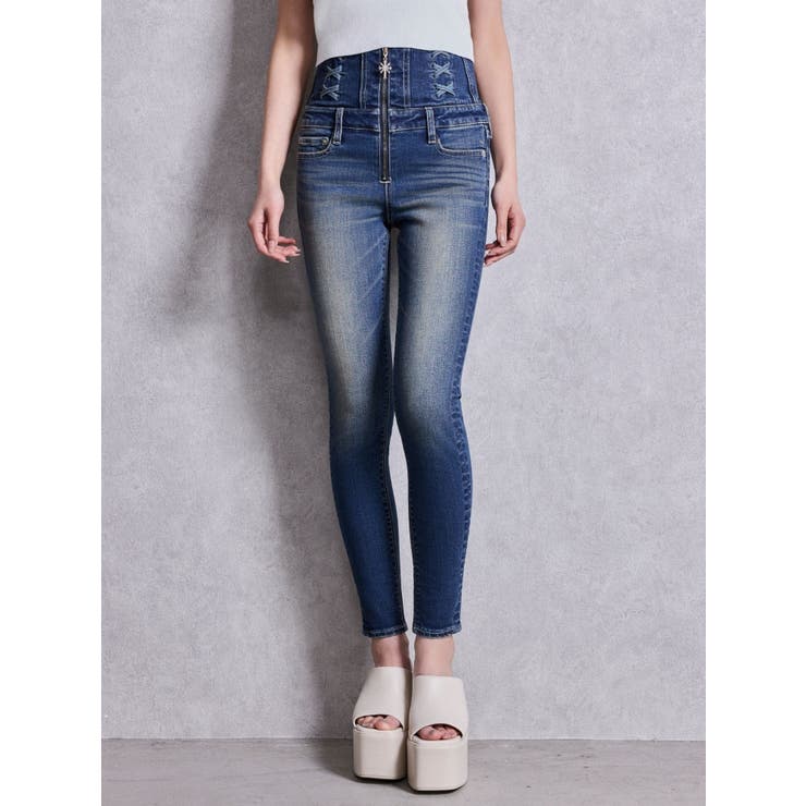 ブルー | ハイウエストsacred edge crossフロントZIPレースアップスキニー… | GYDA