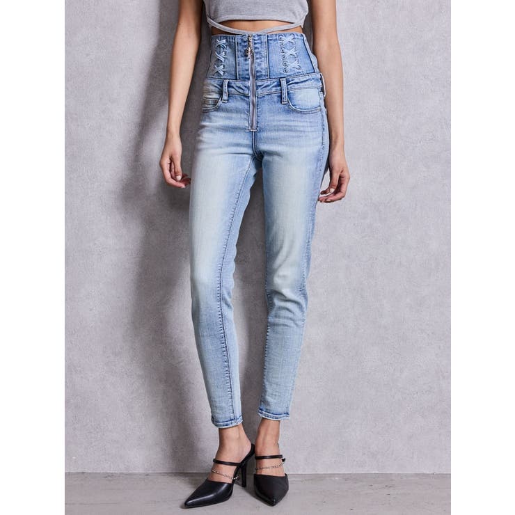 アイスブルー | ハイウエストsacred edge crossフロントZIPレースアップスキニー… | GYDA