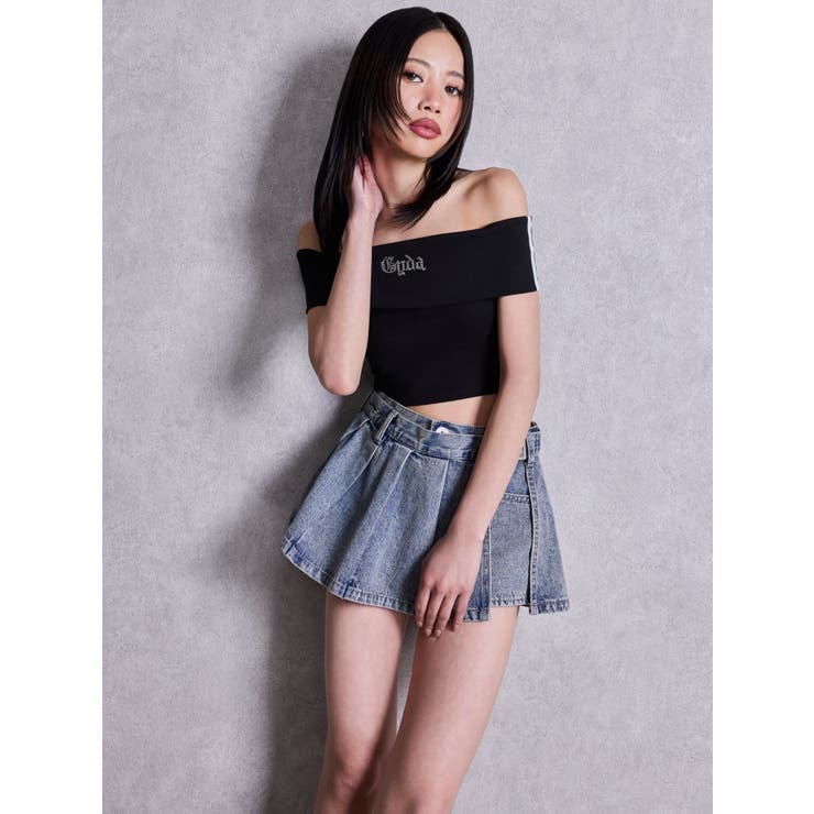 ハイウエストレイヤードプリーツスカートライクデニムショートパンツ | GYDA | 詳細画像15 