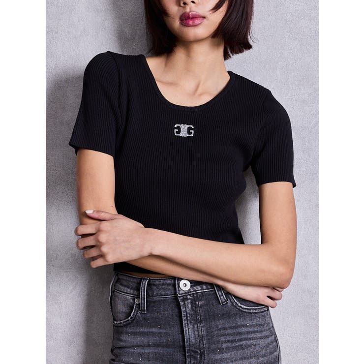 ブラック | symmetry GYDAプレートハーフスリーブニットTOPS | GYDA