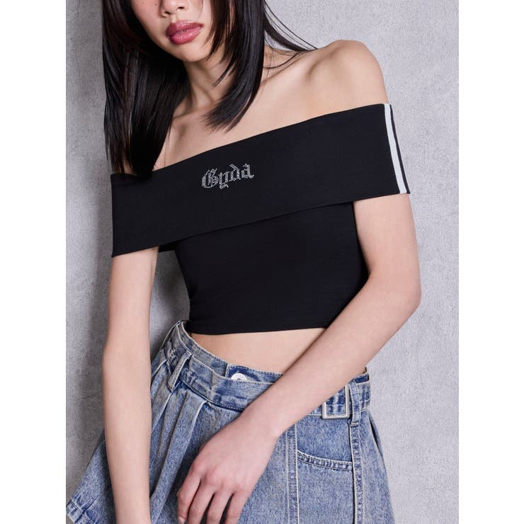 ブラック | Gyda bijouサイドラインオフショルショートTOPS | GYDA