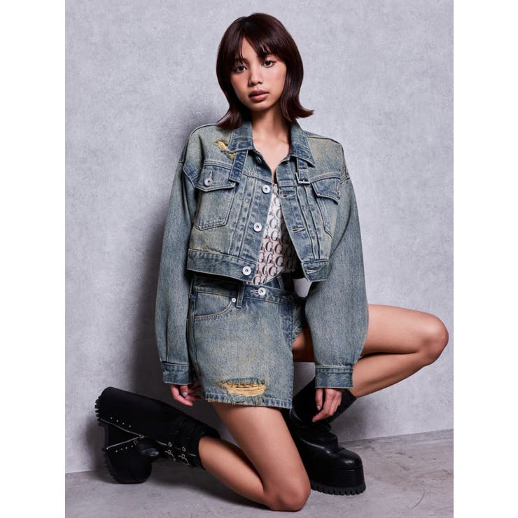 belt collarダメージショートデニムGジャン | GYDA | 詳細画像7 