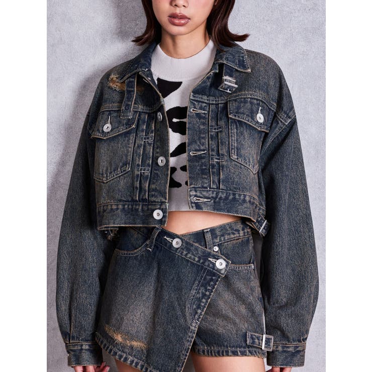 インディゴ | belt collarダメージショートデニムGジャン | GYDA