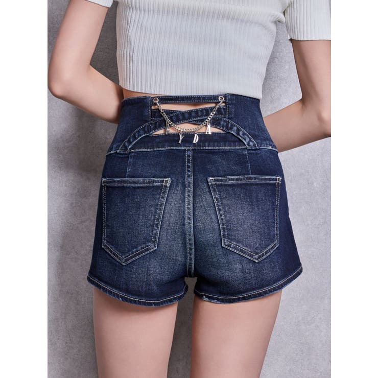 インディゴ | ハイウエストボタンBACKカーブクロスGYDA chainデニムショートパンツ | GYDA