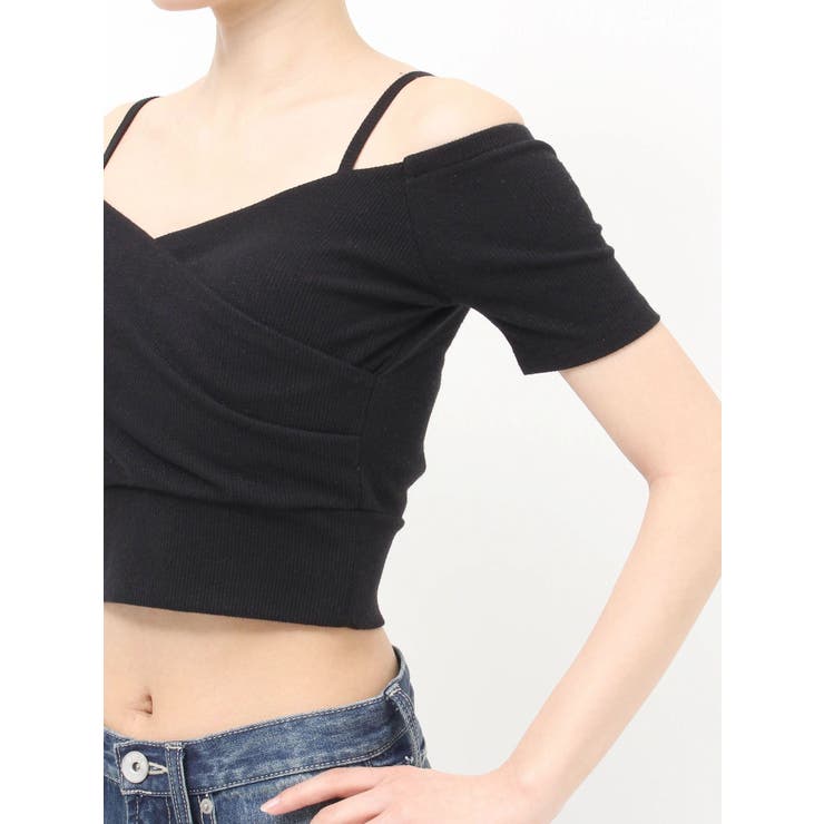 ラメテレコハーフスリーブカシュクールオフショルショートTOPS | GYDA | 詳細画像27 