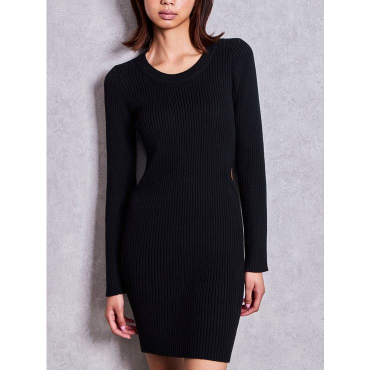 ブラック | LONG SLEEVE SIDE OPENニットミニワンピース | GYDA