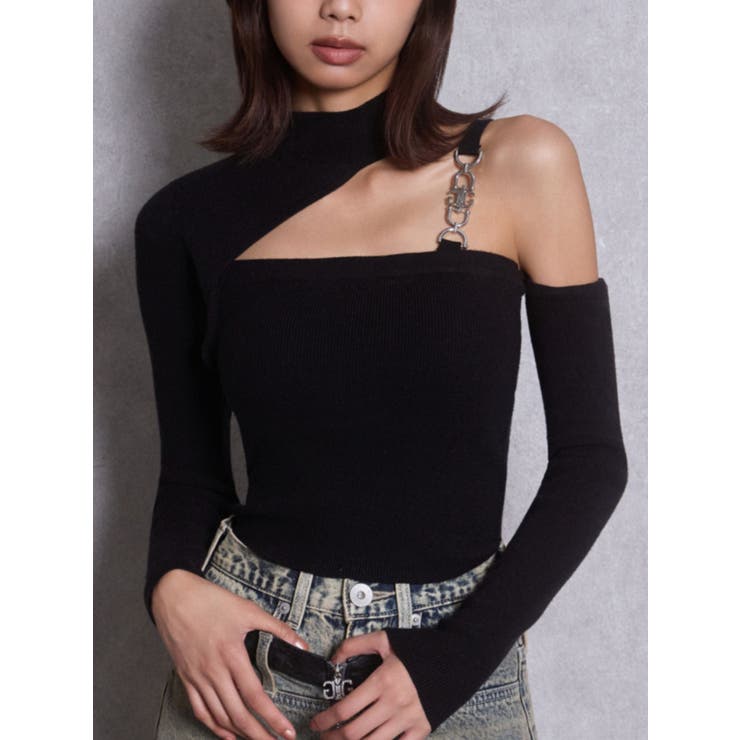 ブラック | ワンショルSymmetry GYDA chainショートニットトップス | GYDA