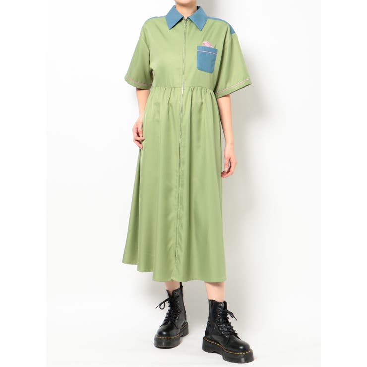 フロントジップボーリングシャツワンピース[品番：MKSW0029607