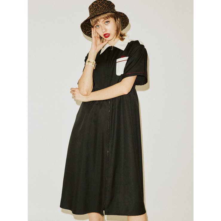 レースボーリングシャツワンピース 半袖ワンピース レディース F フロントジップボーリングシャツワンピース[品番：MKSW0029607