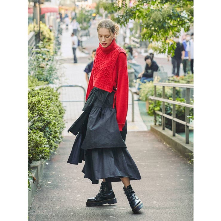 ネイビー ラップスカート フリル付き ユアーズ ur's ベルト付ラップロングスカート （ダークネイビー