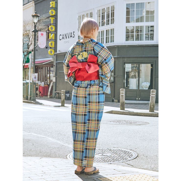 jouetie バックローズチェック浴衣【WEB限定】（ブルー