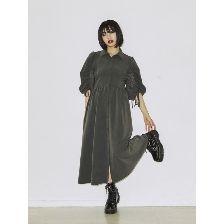 Michel Beaudouin ロングシャツワンピース オリーブ色　ギャザー Michel Beaudouin ロングシャツワンピース オリーブ色 ギャザー