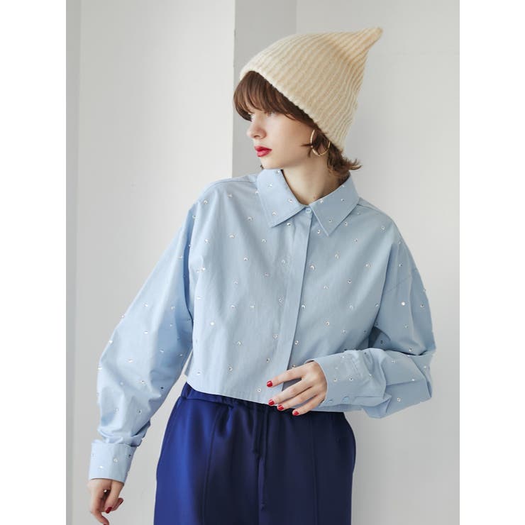 miumiu ストーン クロップドシャツ miu ミュウミュウ Tシャツ MIU レディース ラインストーン