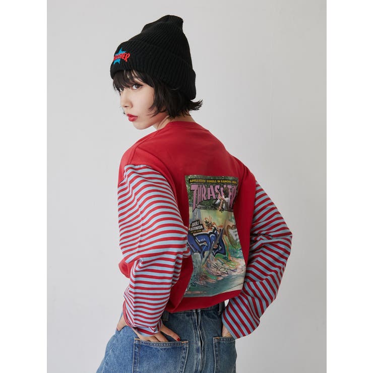 jouetie ▷ THRASHERボーダーロングスリーブTEE jouetie 【別注】THRASHER ボーダースリーブロンT（グリーン