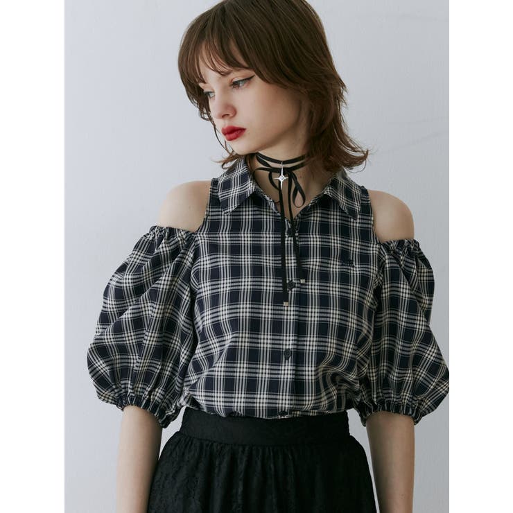 ネイビー | カットアウトバルーンスリーブシャツ | jouetie