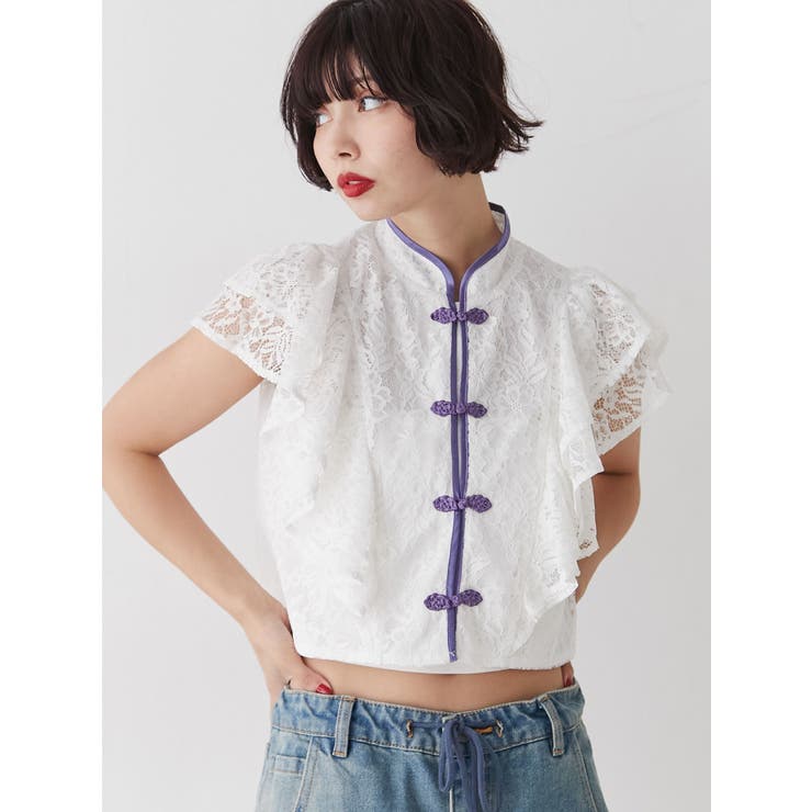 ショルダーフリルレースチャイナブラウス[品番：MKSW0057976]｜jouetie 