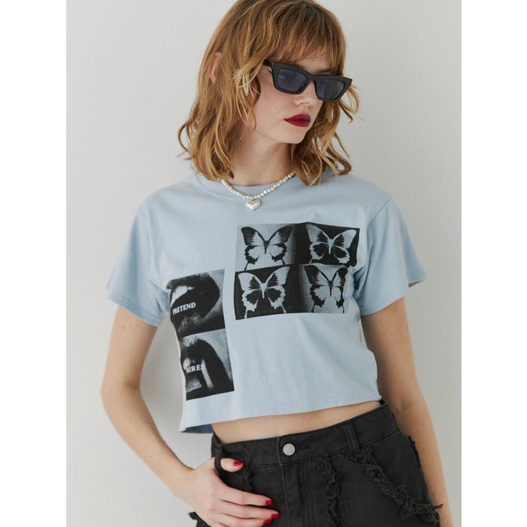 ブルー | ネガフォトクロップドTシャツ | jouetie