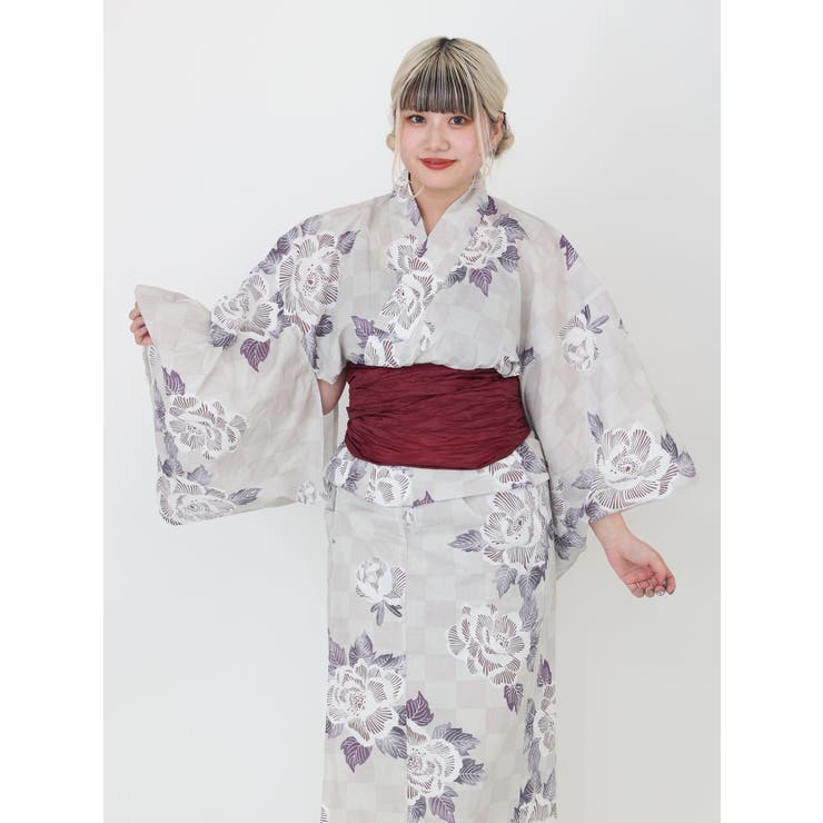 【新品】ワンタッチ浴衣　紫市松黄色牡丹 SALE 【新品】 ワンタッチ浴衣 くらわん浴衣 紫市松ぼたん 浴衣
