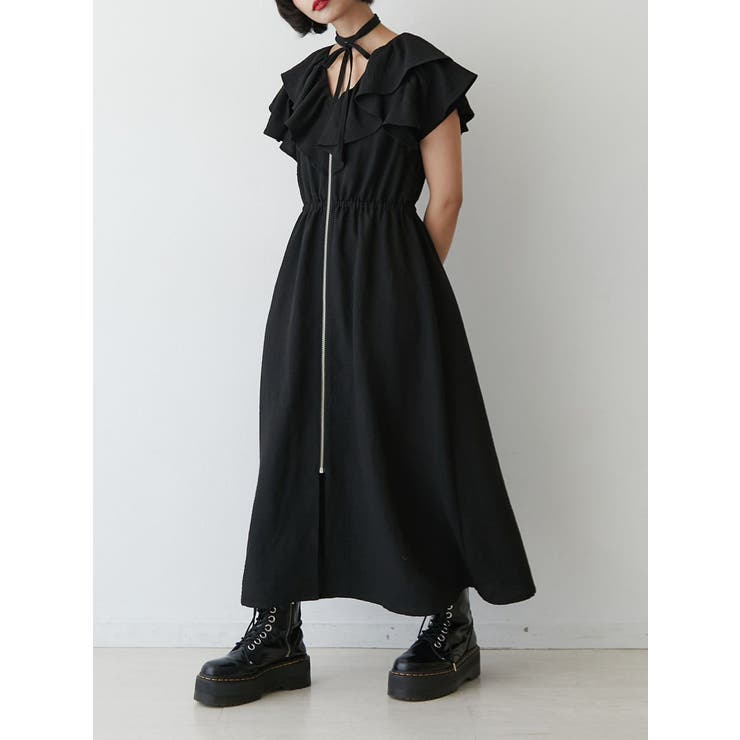 VERITEヴェリテ　ショルダーフリルロングワンピース　M-L　ブラック フリルショルダーロングワンピース[品番：MKSW0059023]｜jouetie