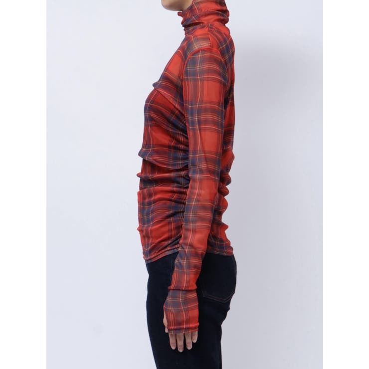 チェックパターンギャザーシアートップス[品番:MKSW0059035 チェックパターンギャザーシアートップス[品番:MKSW0059035