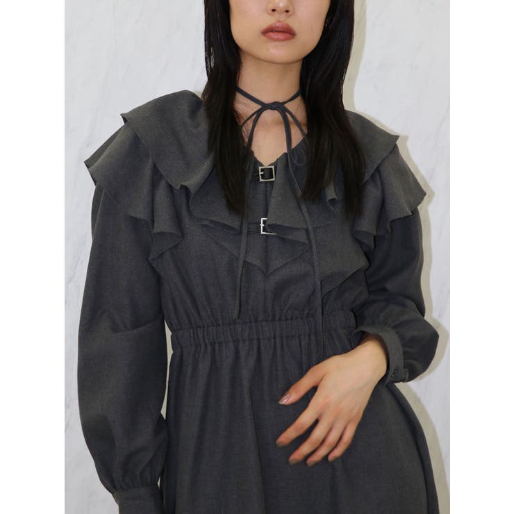 腰フリルベルト付きシンプルブラックワンピロング丈 ショルダーフリルベルトロングワンピース[品番：MKSW0061019