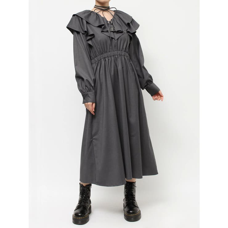ショルダーフリルベルトロングワンピース[品番：MKSW0061019